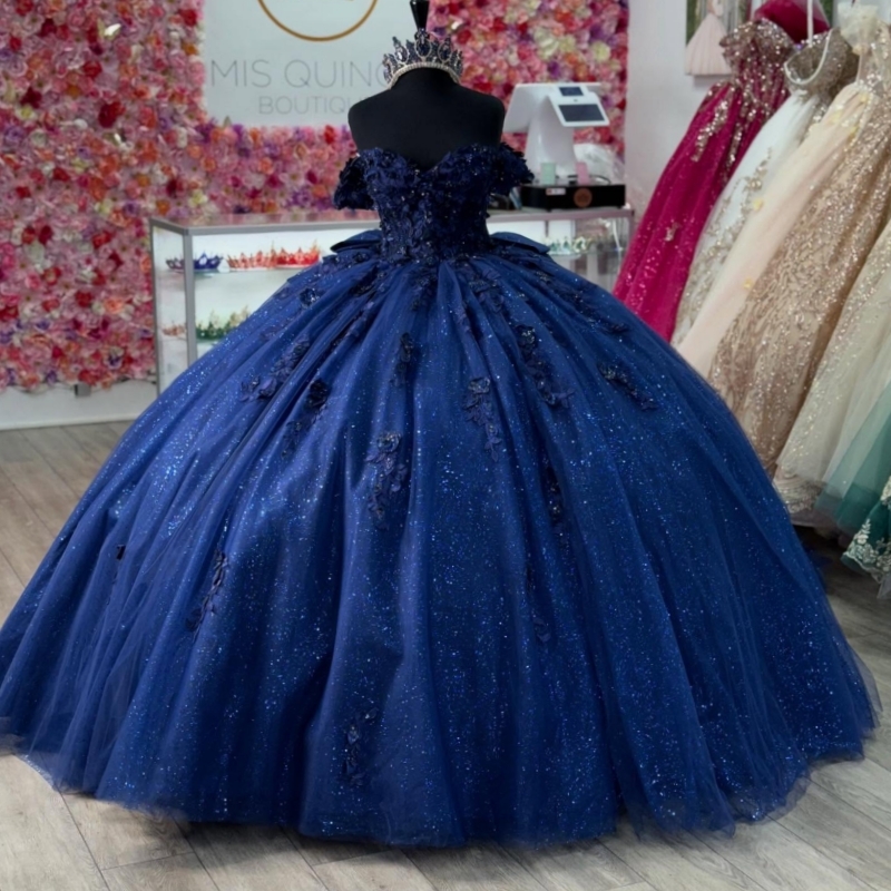Navy Blue Shiny Quinceanera Dresses Off Shoulder Ball Gown Sweet 16 Dress Applique Lace Tull Beads Birthday Party Vestidos 15 De Anos