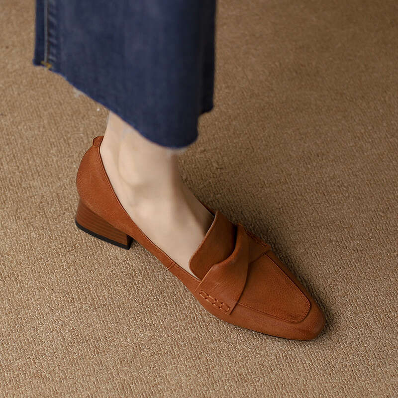 Brown French Style Pointed Toe Chunky Mid Leather Commuter Elegant Low Heel Women's Shoes
