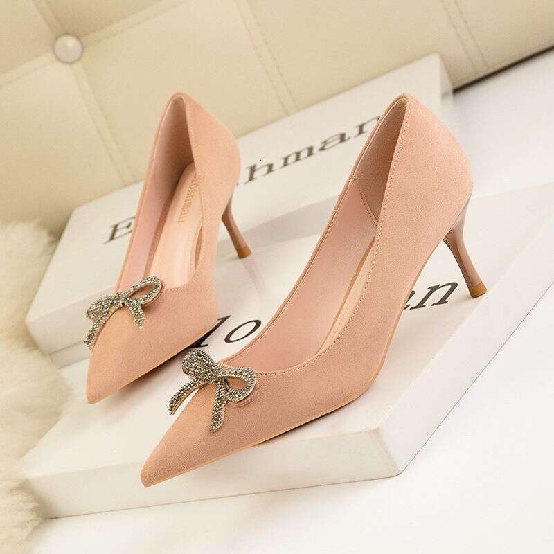 Women's Pumps Style Simple Women's Stiletto High Heels Shallow Mouth Pointed Toe Rhinestone Bow Single Shoes