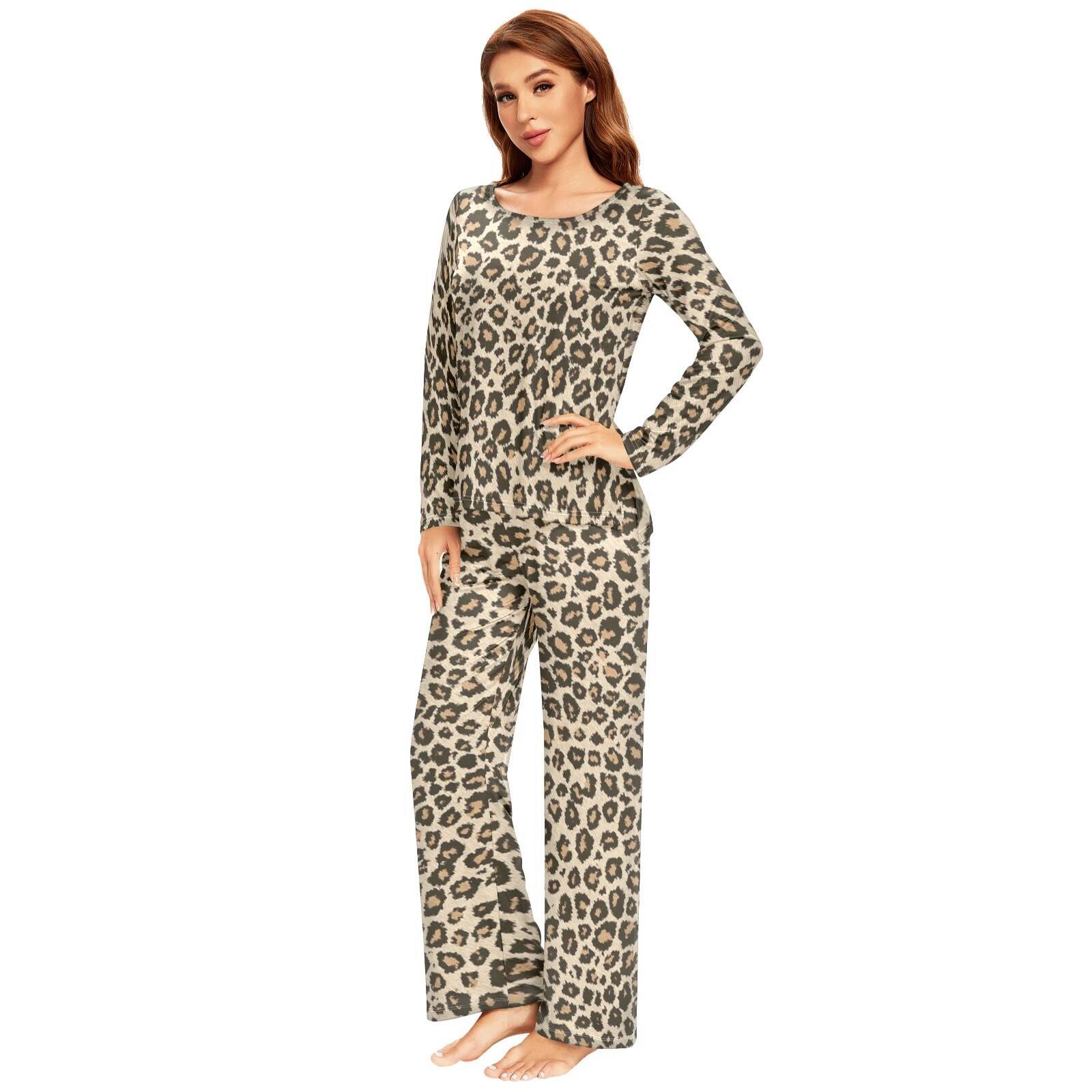 Spring Autumn Sleepwear Womens 2 Pieces Pamas Set Sexy Leopard Homewear Lounge Clothes Warm Pyjama Pijama Femme