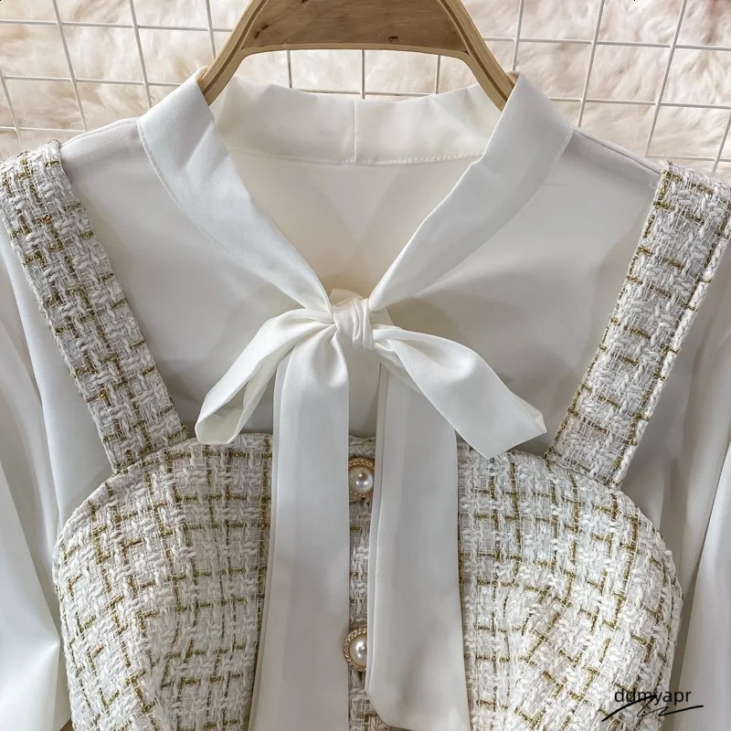 Elegant Chiffon Shirt Tweed Dress Sets Women Long Sleeve Lace Up Bow Shirts Vintage Sling Plaid Dresses Ddmydec Suits Oiffice Lady Y2k 240824