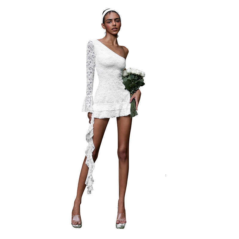 Women's Autumn New Fashion Single Shoulder Ruffle Ribbon Long Sleeve Short Dress