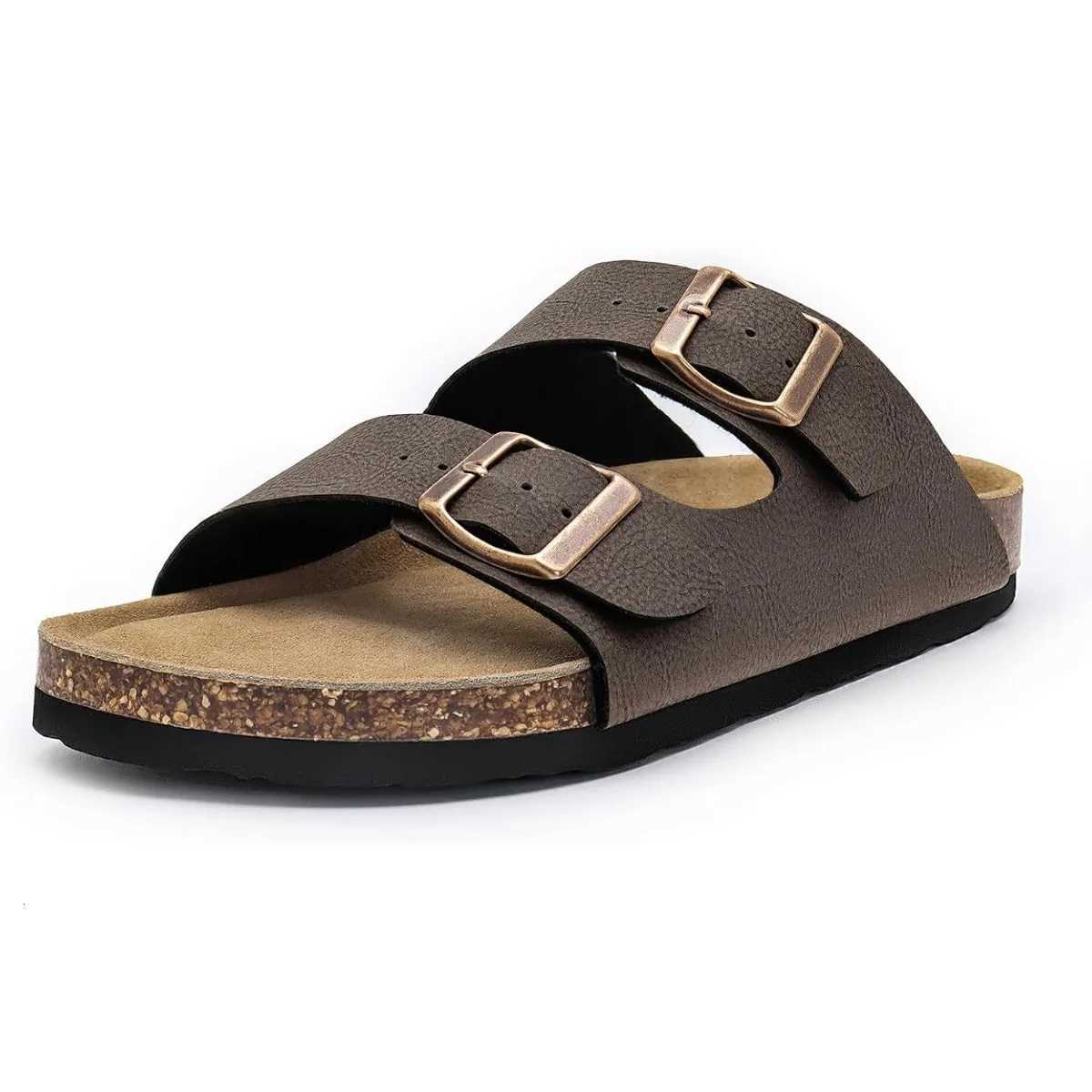 Womens Flat Sandals Cork Footbed Slide Sandals Arch Support Slip on Slides with Adjustable Buckle W250905
