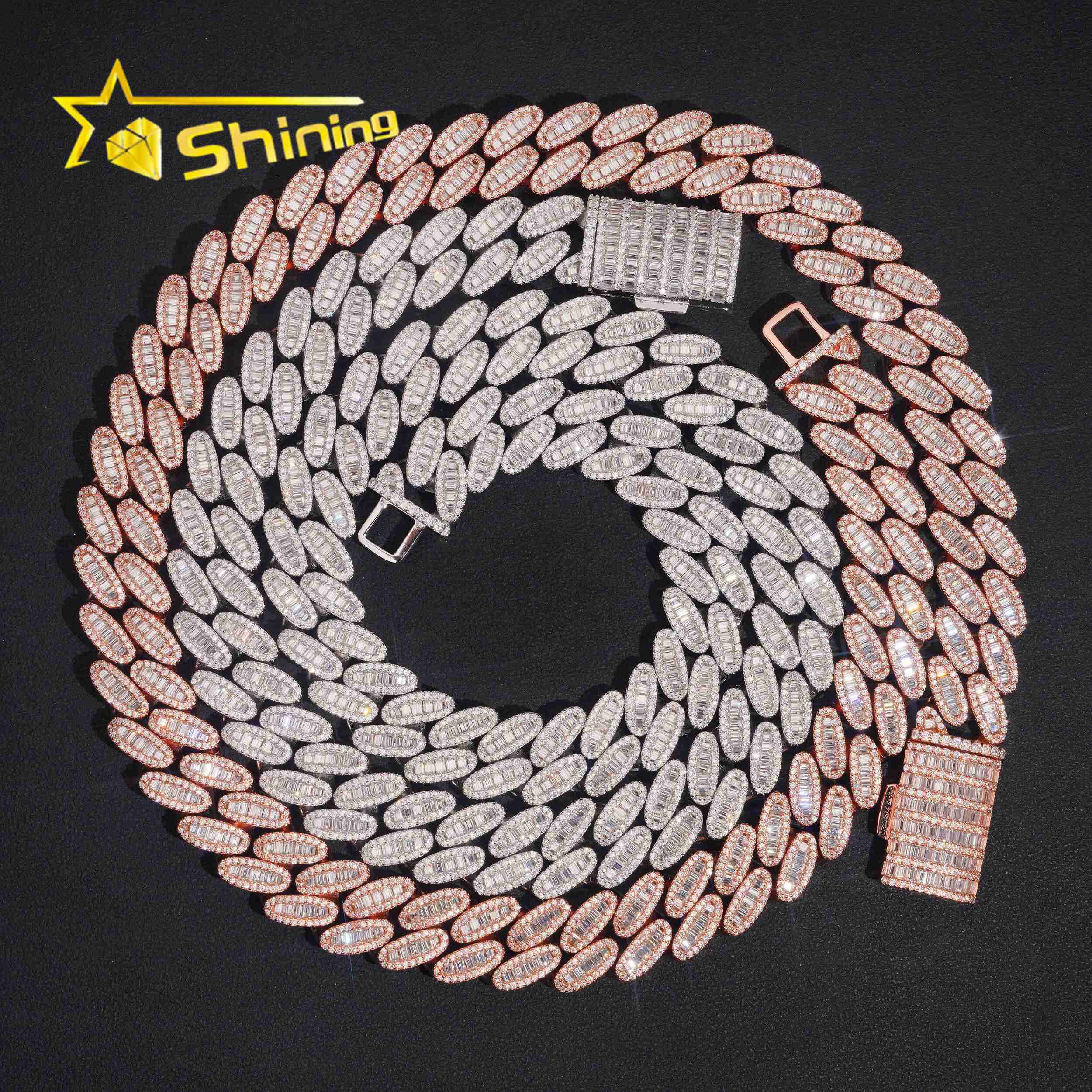 925 Sterling Silver Jewelry GRA Certificate 15mm Baguette Moissanite Hip Hop Cuban Link Chains Necklace