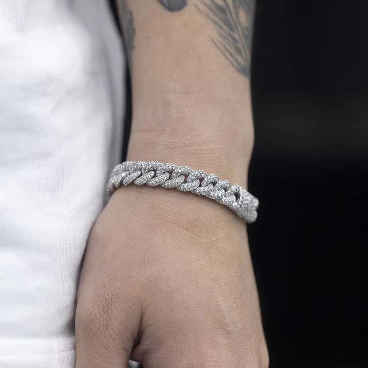 925 Solid Silver Iced Out Cuban Link Chain 9mm Wide Set with Moissanite Diamond Bracelet Classic Style Charm Bracelets