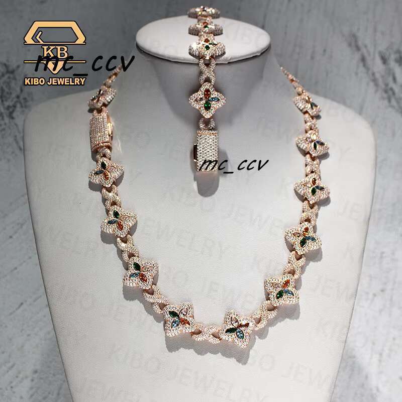 Fashion HipHop Accessory 22Mm Rose Gold Sterg Sier Colorful Pyroxene Clover Infinite Chain