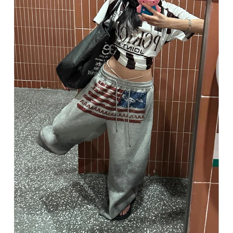European and American autumn and winter college style casual sports pants lazy and loose slimming and wide leg pants 250905