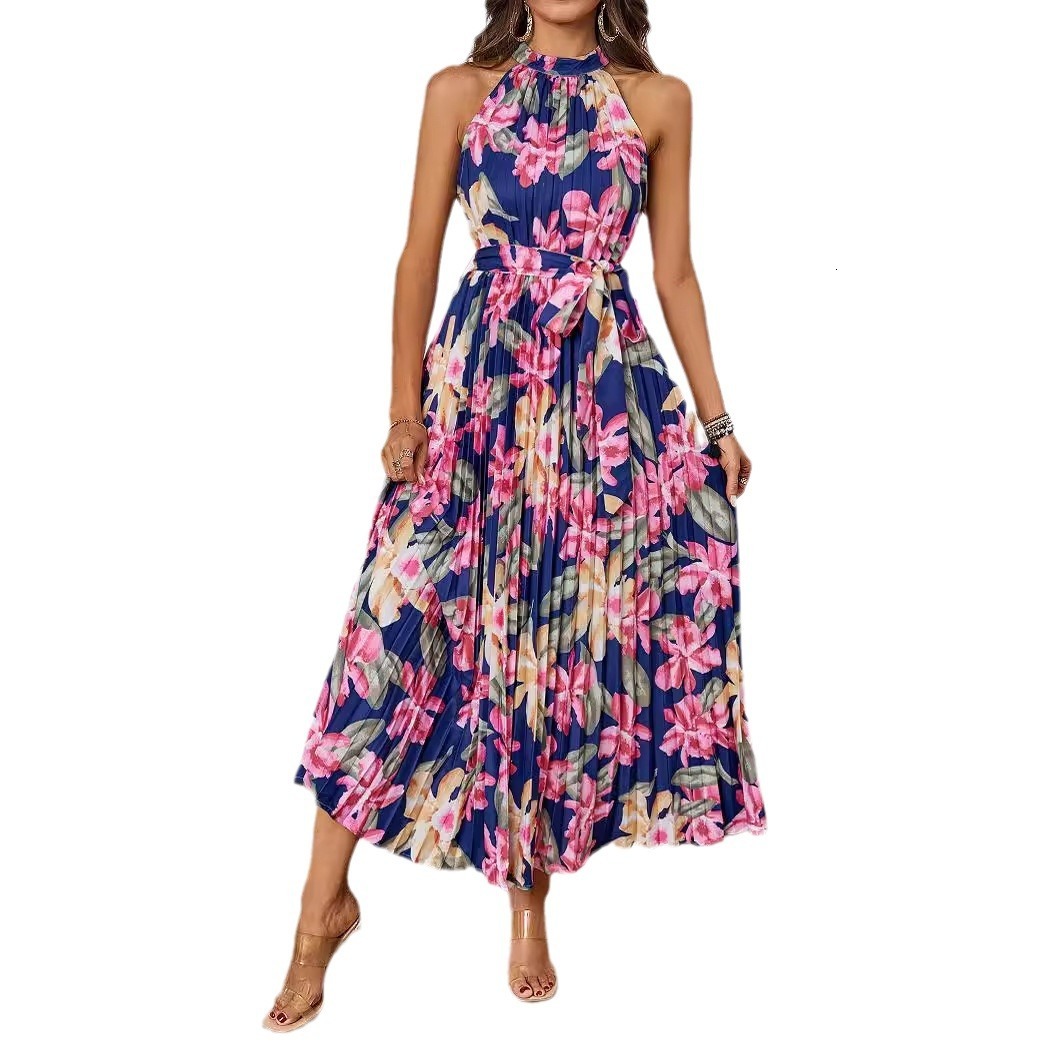 Summer New Elegant Halter Neck WaistCinching Flared Printed Dress for Women