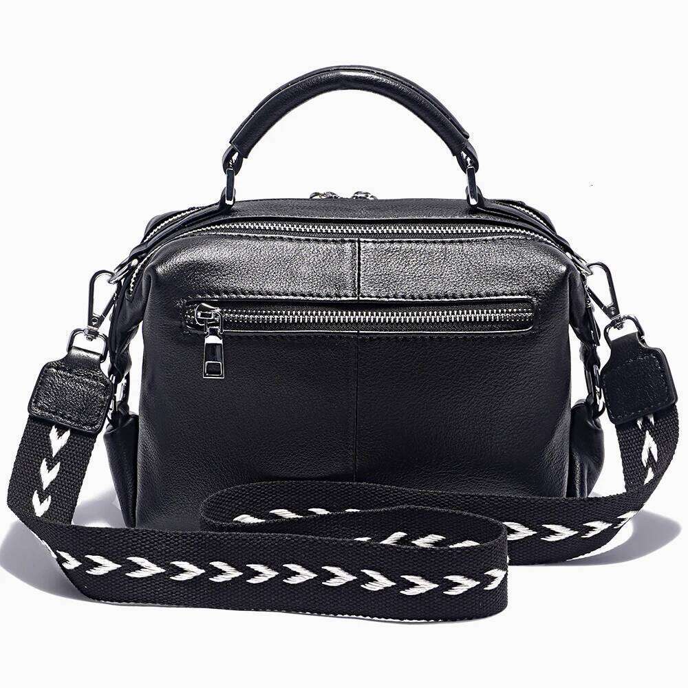 Zency Fashion Black White Shoulder Bag Women 100% Genuine Leather Handbag Medium Size For Daily Life With Two Straps 2024