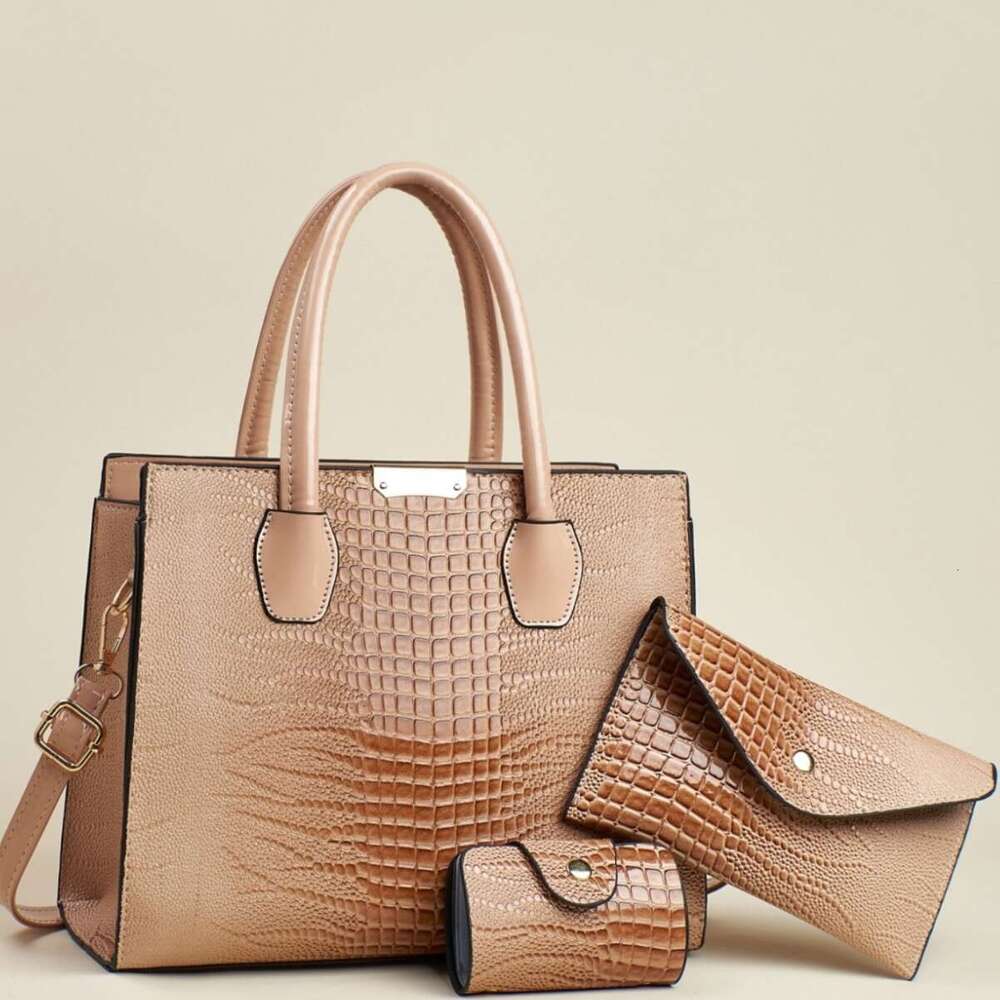 New Simple Lizard Texture Capacity Three-Piece Set Solid Color Versatile Stylish Women's Large Bag