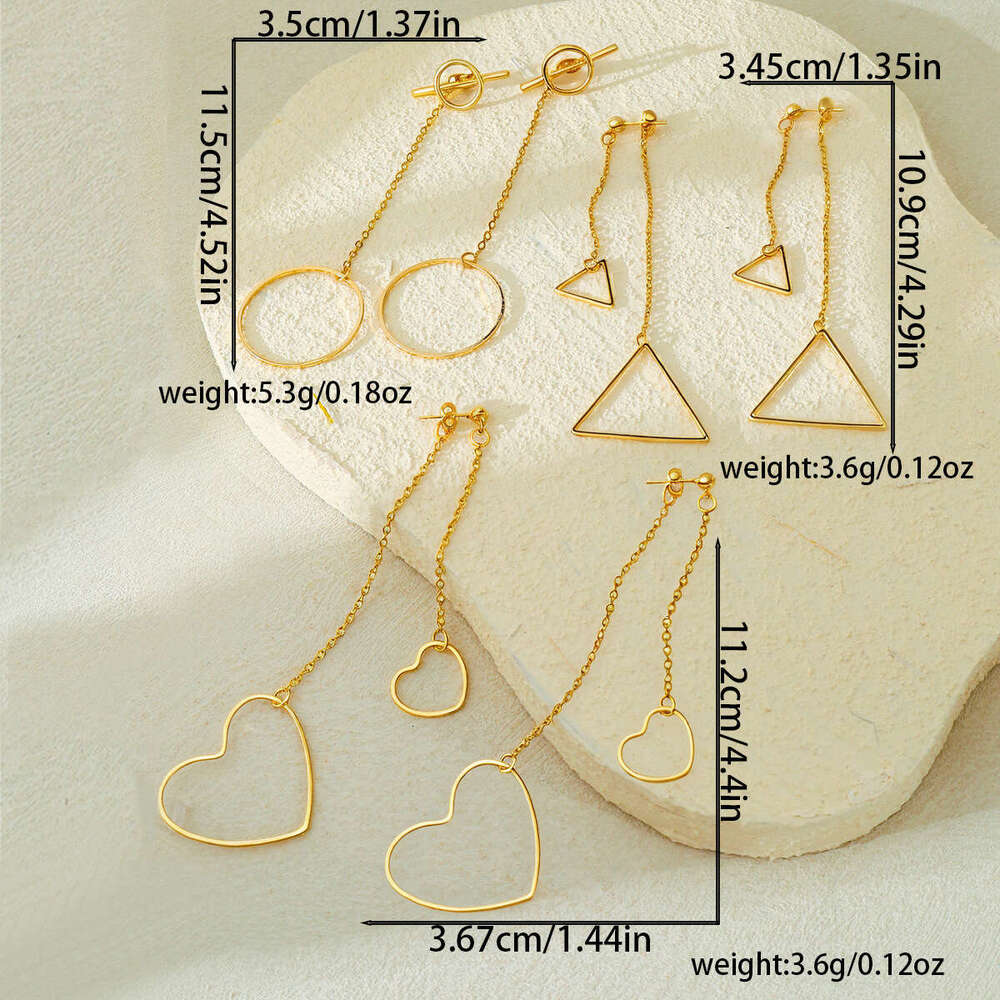 A pair of elegant geometric simple triangle round heart-shaped long earrings suitable for women's daily wear, especially
