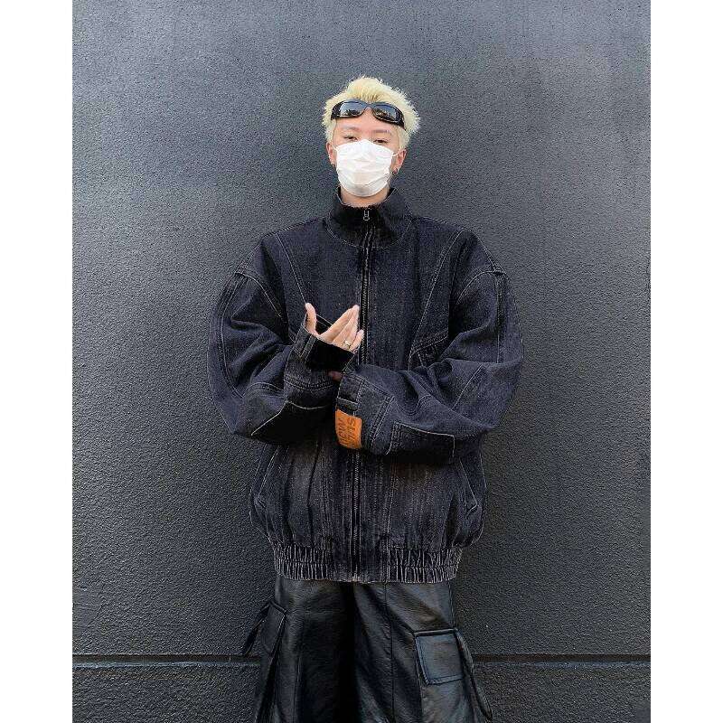 Retro Inverted Label Denim Jacket Mens Autumn Heavy Weight Washed Tooling Cowboy Coats Multi Pocket Stand Collar Hip Hop Outwear