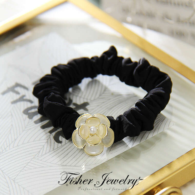 DHcollections 2025 Cat Eye Retro Camellia Alloy Hair Tie, Girls' Hair Rope for Ponytails/Buns, Cat Eye-White Tea Lady/Cat Eye-Three-Layer Rubber 