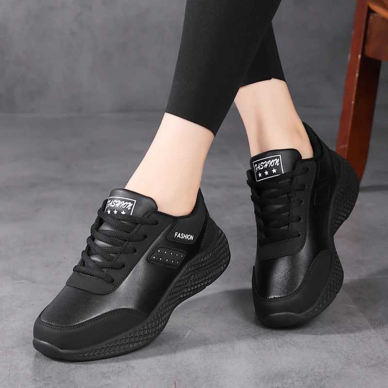 2024 Womens Leather Sneakers Casual Sneakers Lace Up Flats Lightweight Comfortable Black Antislip Running Shoes Outdoor Sports Z250905