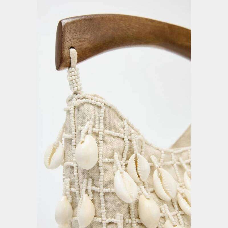 BEADED FABRIC BUCKET BAG, Designer Hollow Out Handbags, Women's Leisure Outdoor Bag with Conch