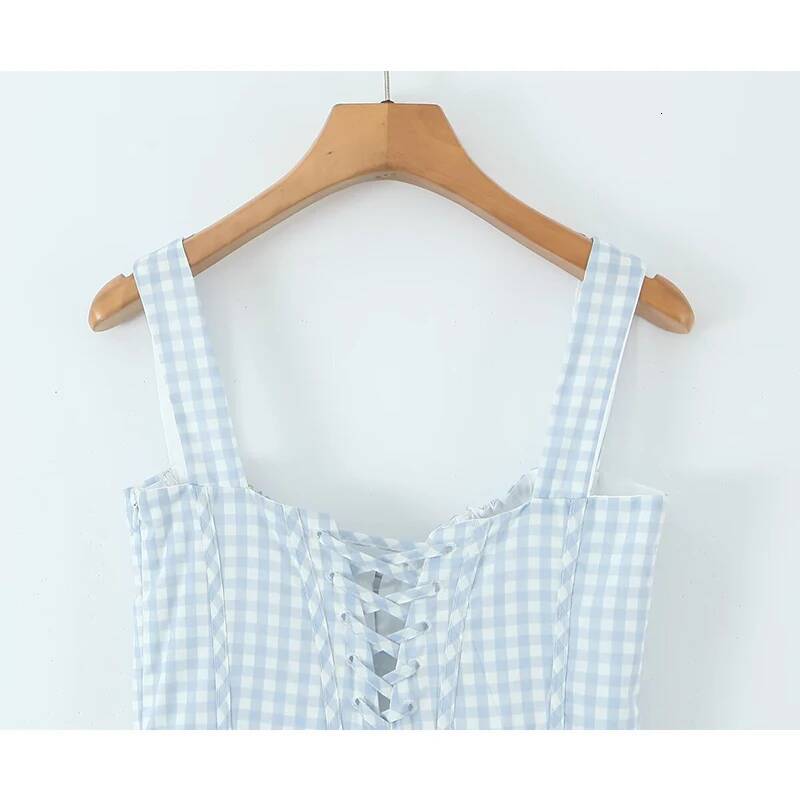 2025 new sexy camisole corset style patch plaid dress design women's front button elegant A-line Midi summer dress tie bandage robe designer clot