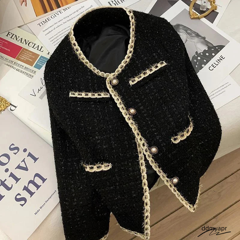 Black Short Jacket Temperament Elegant Tweed Jackets For Women Autumn ddmyday And Winter Korean Office Lady Cropped Outerwear 240821