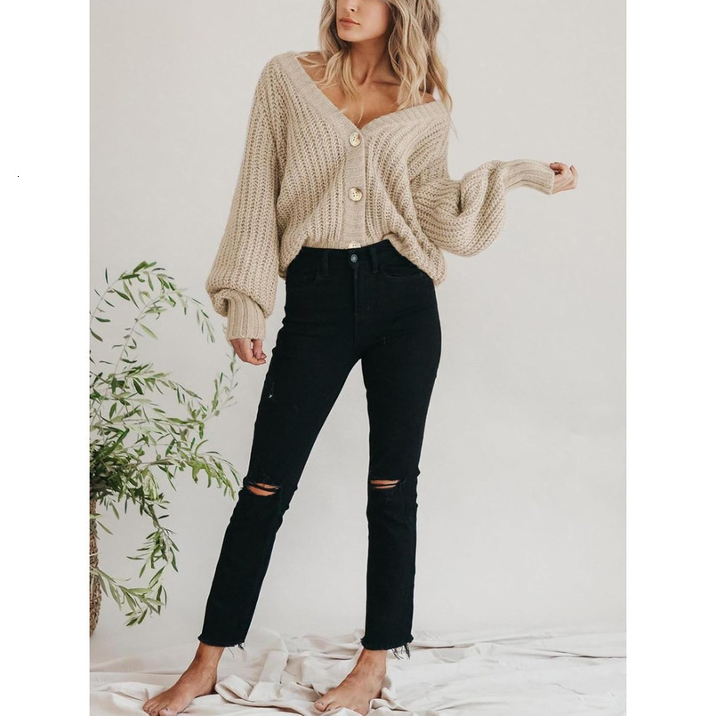 Women's Chunky Knit Open Front Sweater Long Sleeve Button Loose Short Cardigan Outerwear Coats