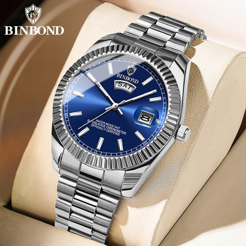 BINBOND Mens Quartz Watch Top Sports Watches Stainless Steel Waterproof Date Week Wristwatch Men Relogio 250828