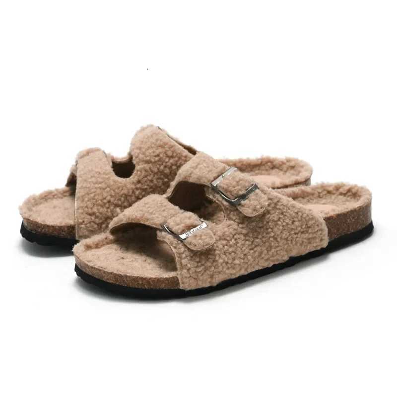 New Sheep Fur Cork Slipper Autumn Winter Men Women Casual Genuine Leather Outside Solid Buckle Soft Plush Slides Shoe W250905