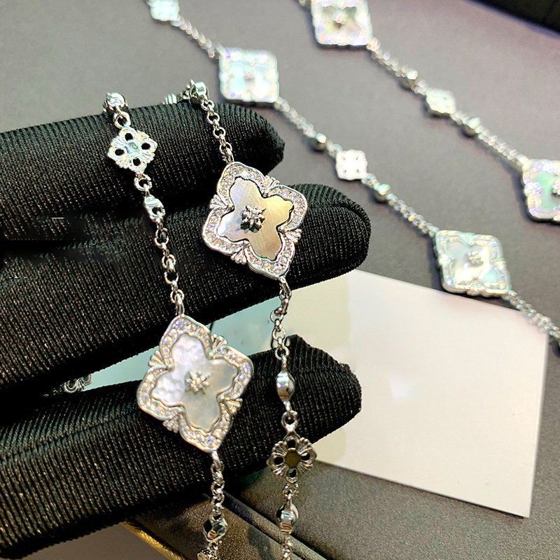 Silver Tone Bracelet With Mother-of-Pearl Four-Leaf Clover Motifs & Crystal Detail Elegant Luxurious Style Daily & Special Occasion Wear Gift For Her 