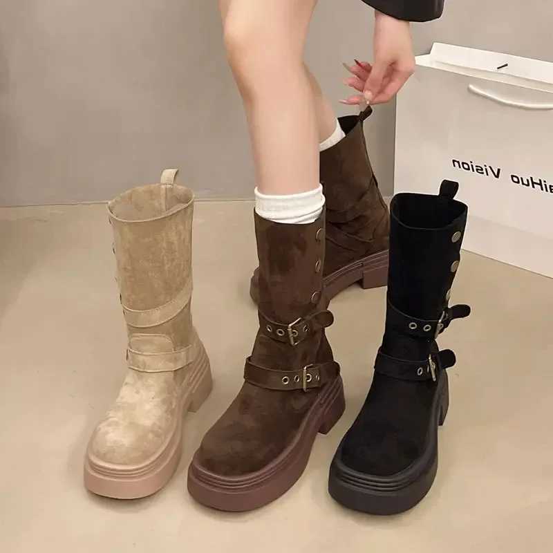 Womens Long Boots 2025 Spring New Style Fashionable Twopiece Lapel Mid Leg Boots Retro Versatile Thick Soled Motorcycle Boots L250905