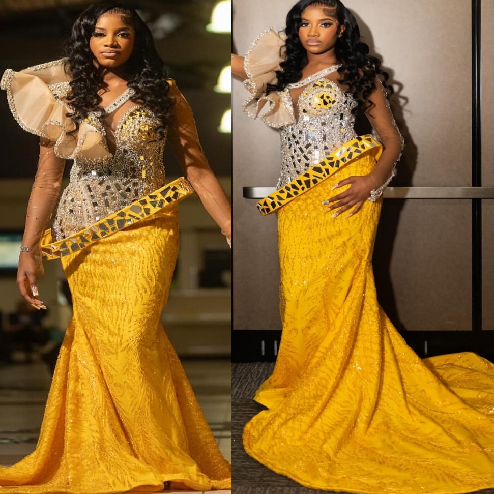 Aso Ebi Yellow Mermaid Prom Dresses 2025 Crystals Beaded Sheer Neck Sequined African Evening Formal Party Second Birthday Engagement Dress Gowns robe 