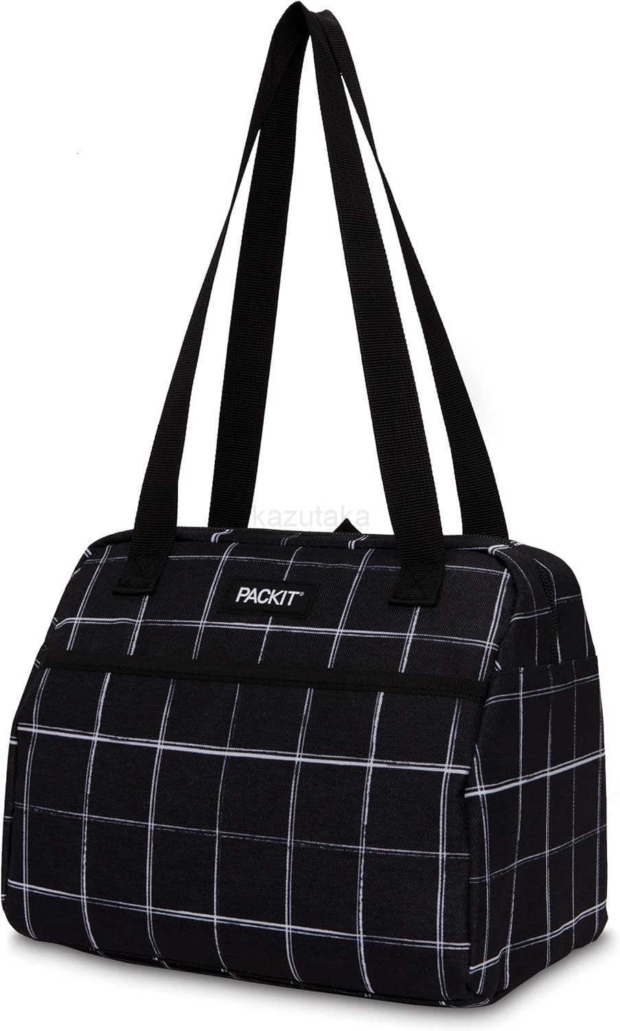 PackIt Freezable Hampton Lunch Bag Black Grid Built with EcoFreeze Technology Collapsible Reusable Zip Closure with Front Pocket and Shoulder Straps P