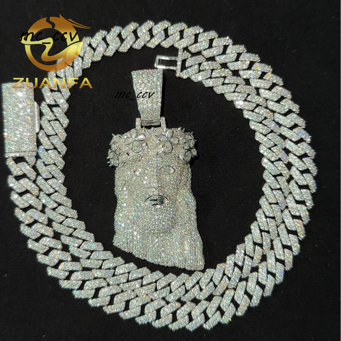 Fast Shipping 10mm Cuban Link Moissanite Chain Hip Hop Jewelry with Jesus Head Pendant Cuban Link 925 Silver Iced Out Cuban Set