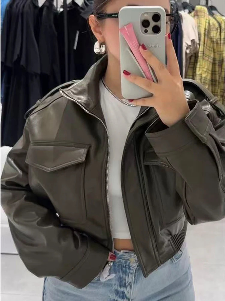 Women Faux PU Leather Short Jacket Casual Chic Stand Collar Slim Fit Cropped High Street Pocket Motorcycle Coat 250905