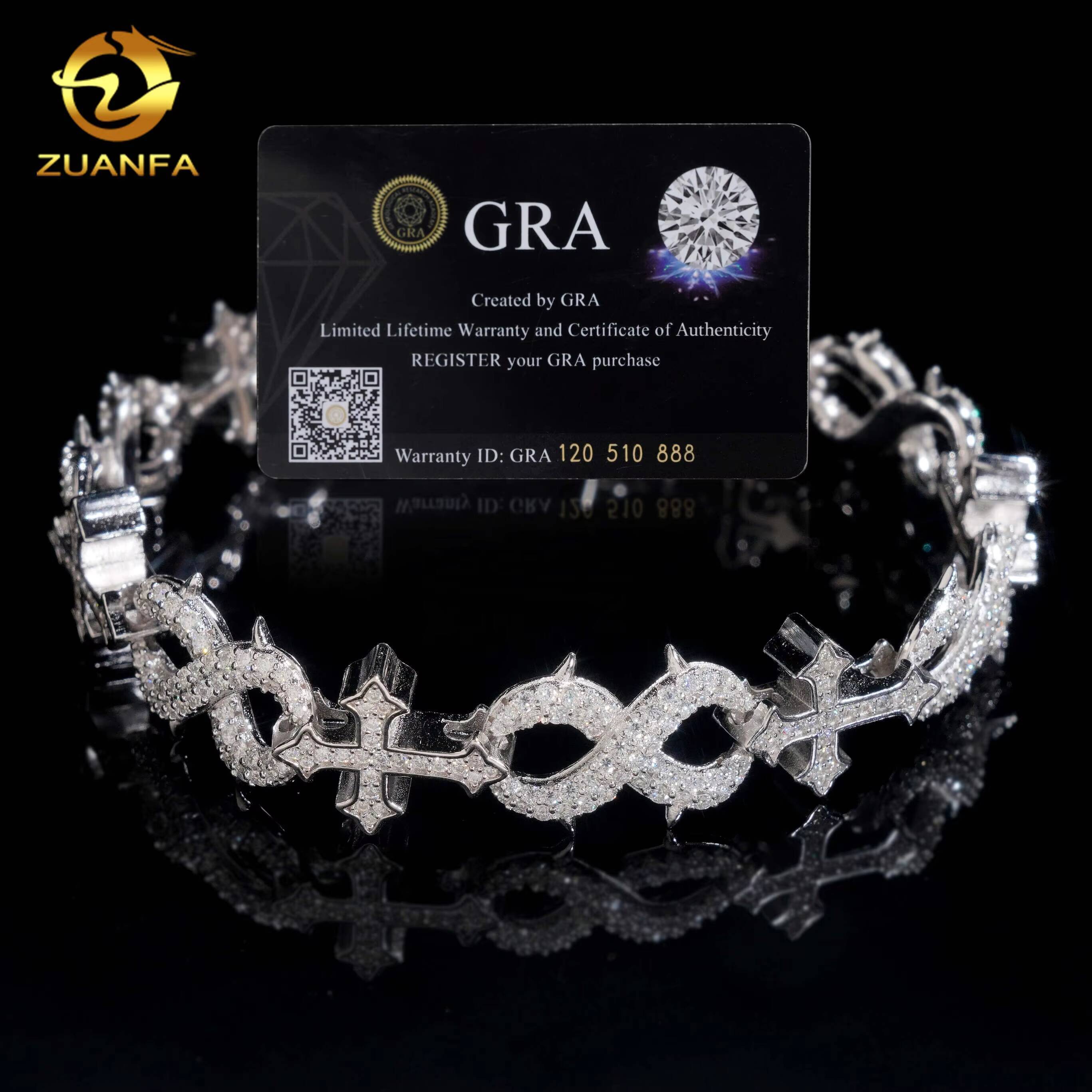 Fashion Men Style Rapper GRA Certificates 925 Silver Iced Out Hip Hop Jewelry VVS1 Moissanite Diamond Cross Cuban Bracelet Men