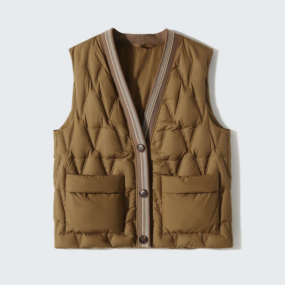 High-End White Melad Style Brown V-Neck Outerwear Inner Wear Duck Down Vest Jacket B5
