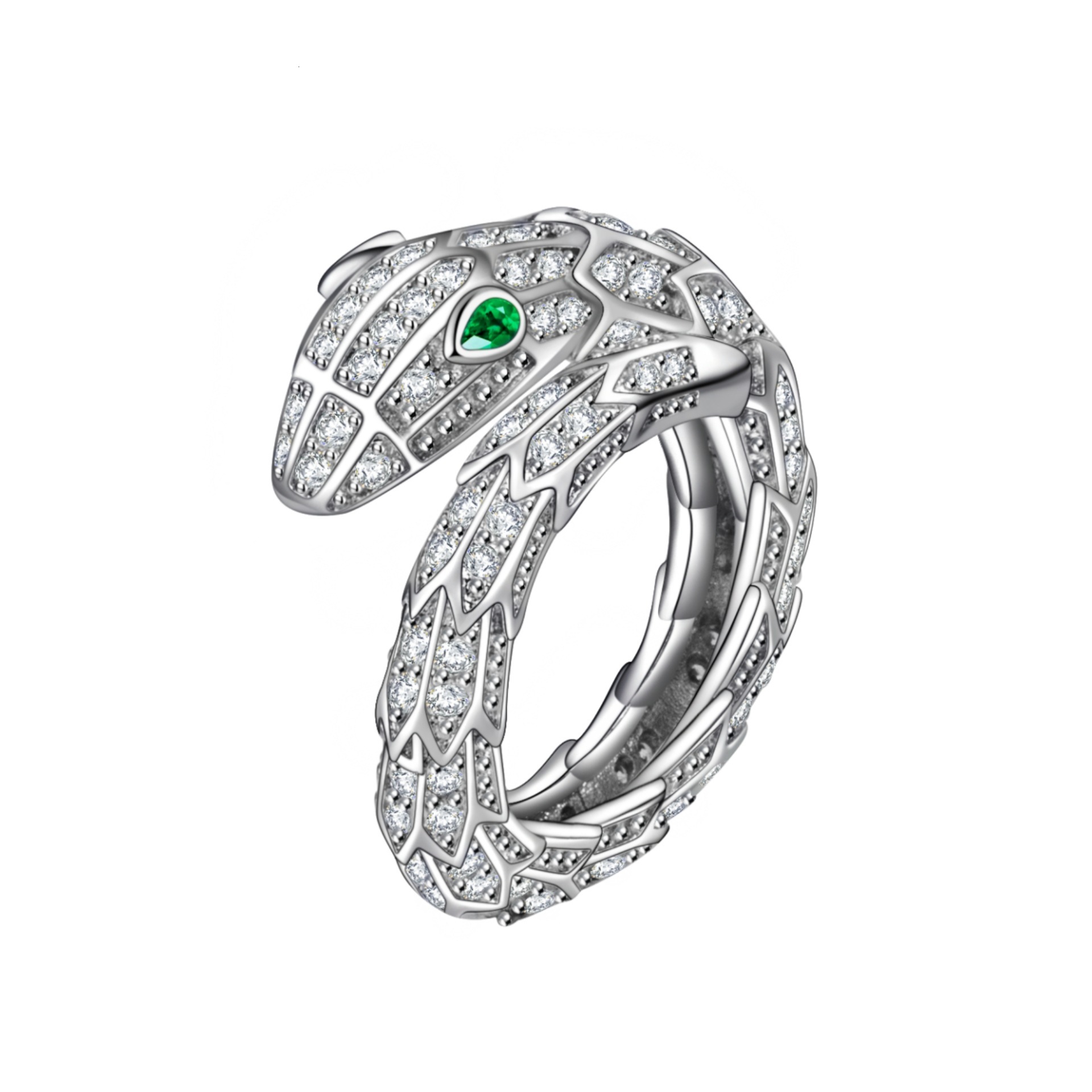 Fashion Inlaid Full Diamond Green Eye Shape Simple Personality Open Zircon Snake Bone Ring Jewelry