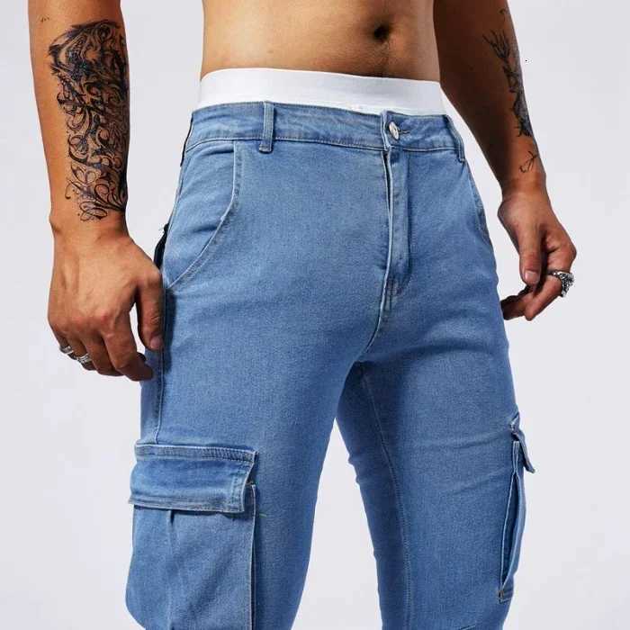 2025 New Men Street Elastic Denim Jeans Multi Pockets Cargo Pants Casual Slim Denim Trousers Fashion Y2k Joggers Baggy Man Pants W250905