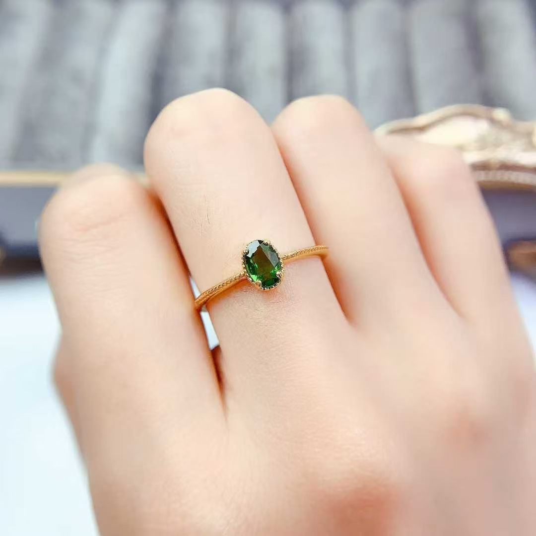 Simple 925 silver ring natural chrome diopside ring with certificate 18K gold plated sterling silver diopside jewelry