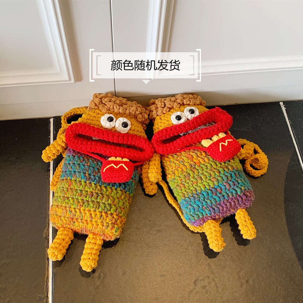 Crochet Yarn Sausage Mouth Phone Finished Handmade Knitted Cute Ugly Crossbody Bag for Women and Children Coin Purse
