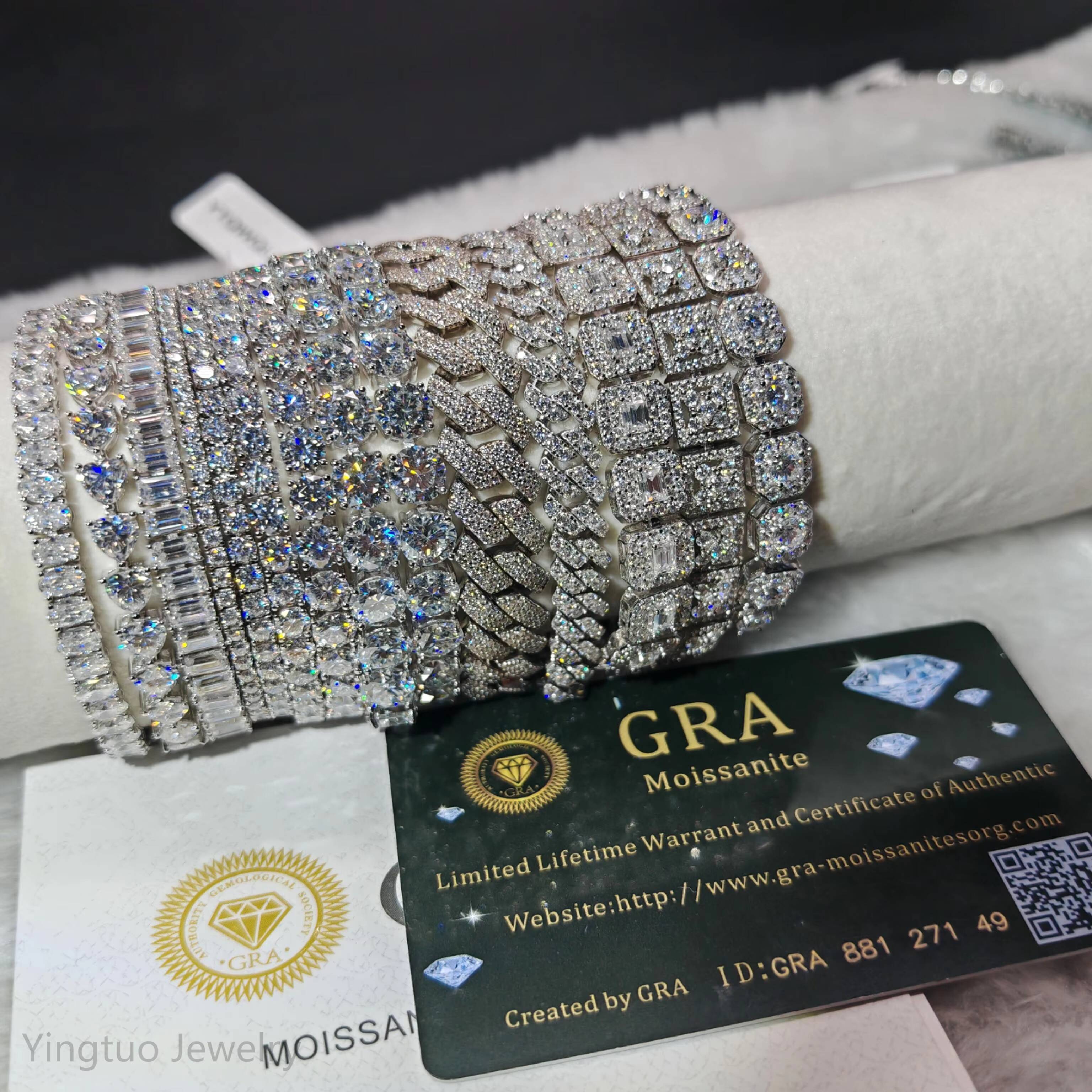 HipHop Jewelry GRA Certification 925 Silver VVS Ice Cut Moissanite Tennis Chain Necklace Bracelet Hiphop Style Cuban Link