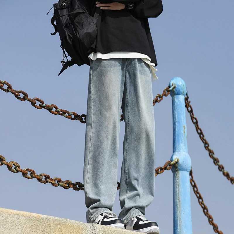 Mens loose straight leg pants for summer lightweight washed waist breaking elastic casual jeans denim pants comfortable W250905