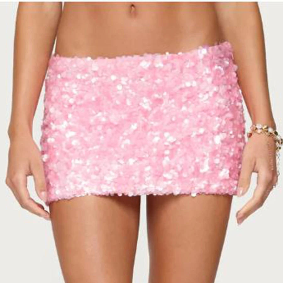 2000s Womens Fashion Soild Color Mini Skirts Sequins Bling Low Waist Skirts Summer Party Bodycon Skirts 250905