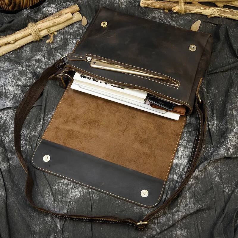 Men's Genuine Messenger A4 Vintage Crazy Horse Leather Shoulder Cowhide Magnetic Flap Laptop Crossbody Bag high-quality