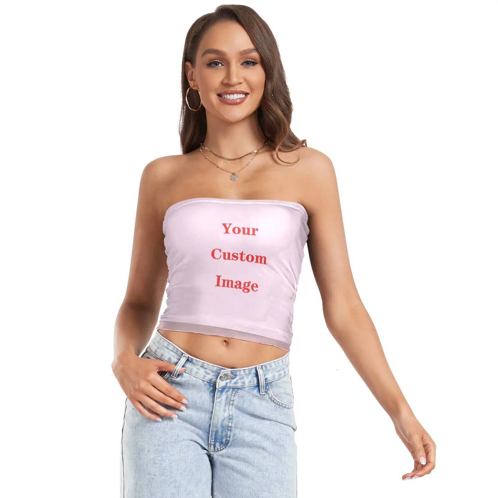 Womens Sexy Strapless Off Shoulder Crop Tube Top Customized images Stretchy Bandeau Seamless Casual Basic Breast Wrap