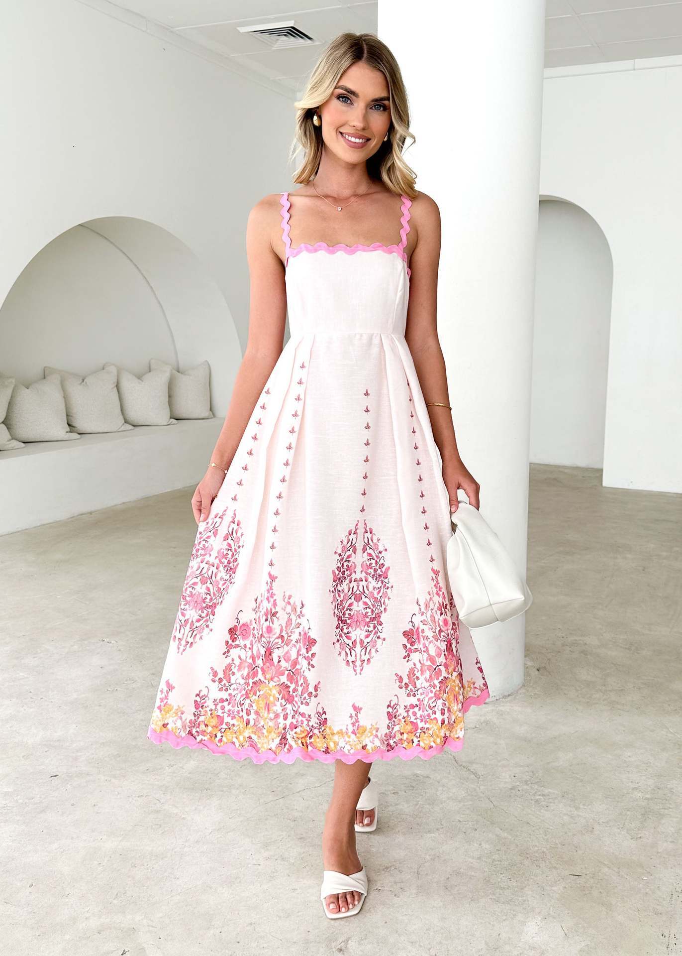 2025 Womens Summer Fashion Printed Wave Hem Sleeveless Backless Tie Strap Dress