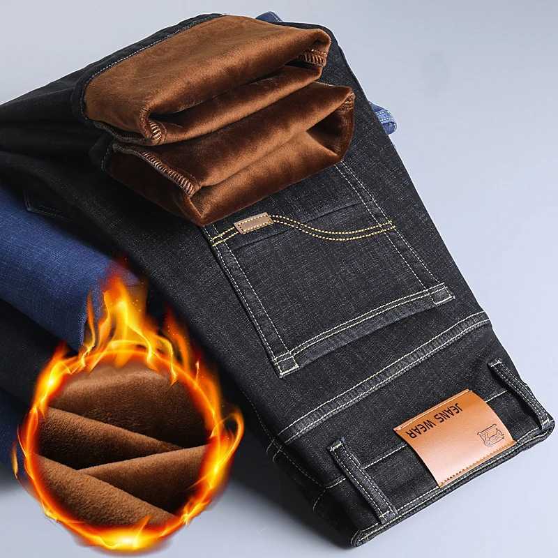 Winter New Mens Fleece Warm Jeans Slim Stretch Fashion Casual Denim Pants Classic Thickened Plush Male Clothing Black Blue W250905