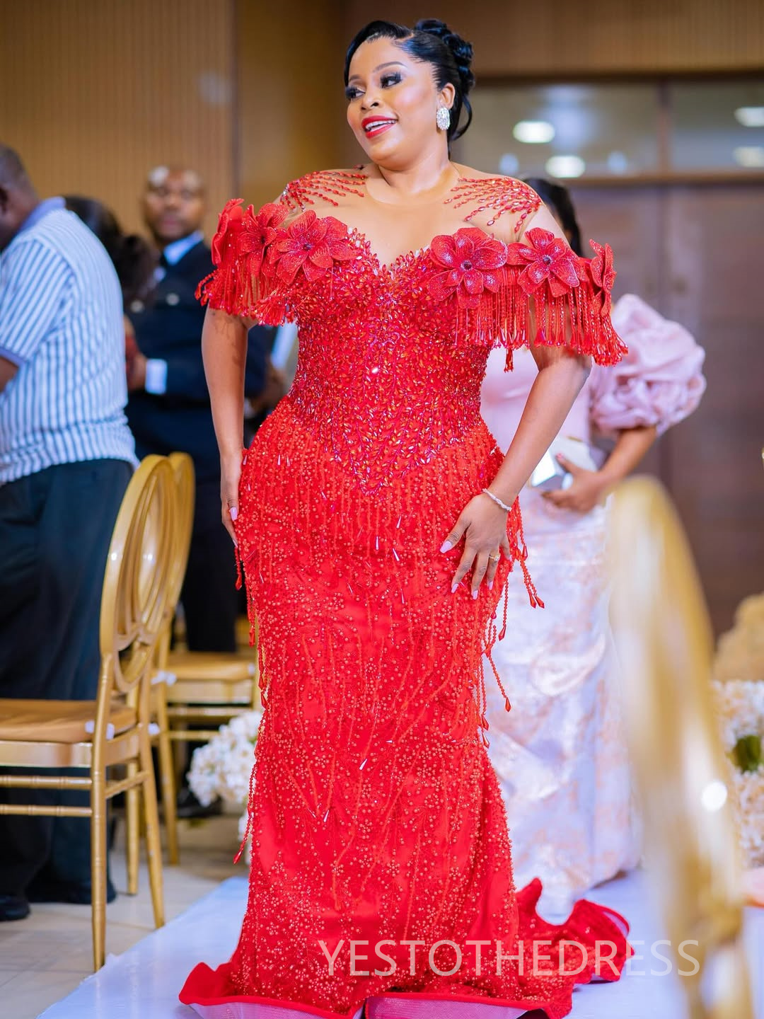 Plus Size Red Prom Dress 2025 Evening Dresses Elegant Dresses For Special Occasions Illusion Beaded Lace Tassel Birthday Dress Second Reception Gown A