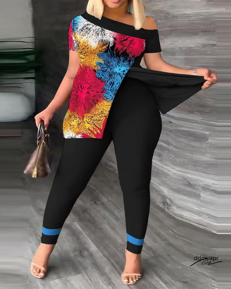 Women's Two Piece Pants Summer Women Geometric Print Split Hem Top & Set 2023 Femme Short Sleeve Casual Suits Lady Ddmydec Outfits Y2k S-3Xl Ddmy