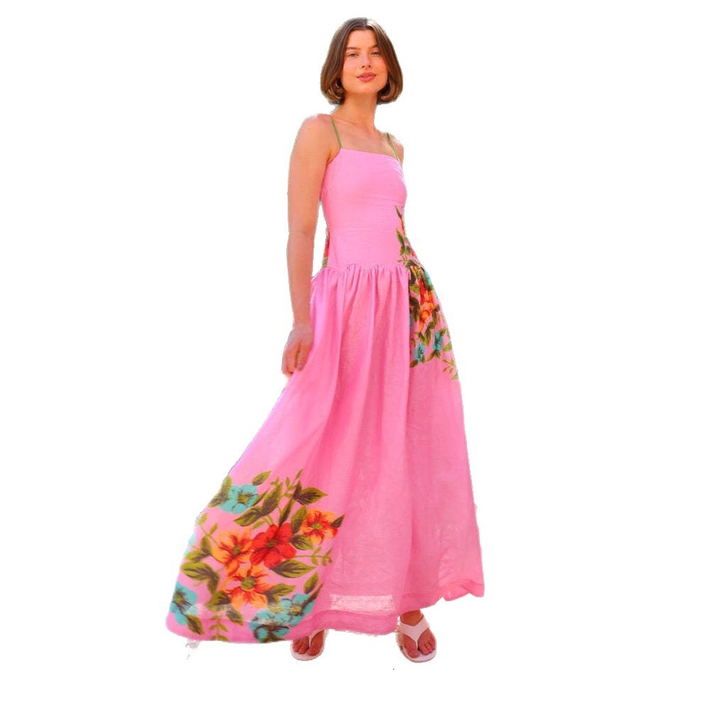 2025 Summer New Fashionable Elegant Thin Strap Printed Backless Dress for Women