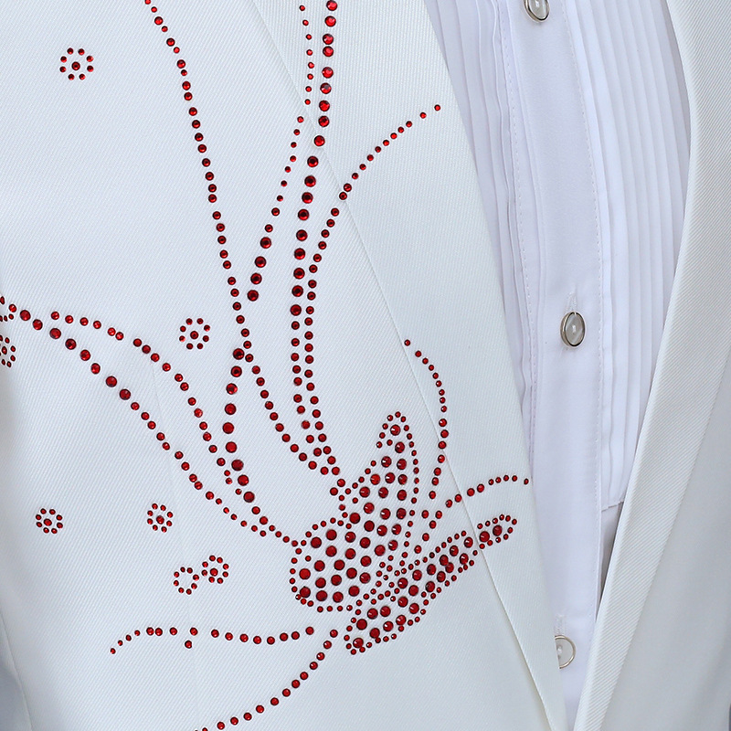 Minimalist White Wedding Tuxedo 2 Piece Blazer Pants Handmade Rhinestone Male Suits Singer Costume Stage Performance
