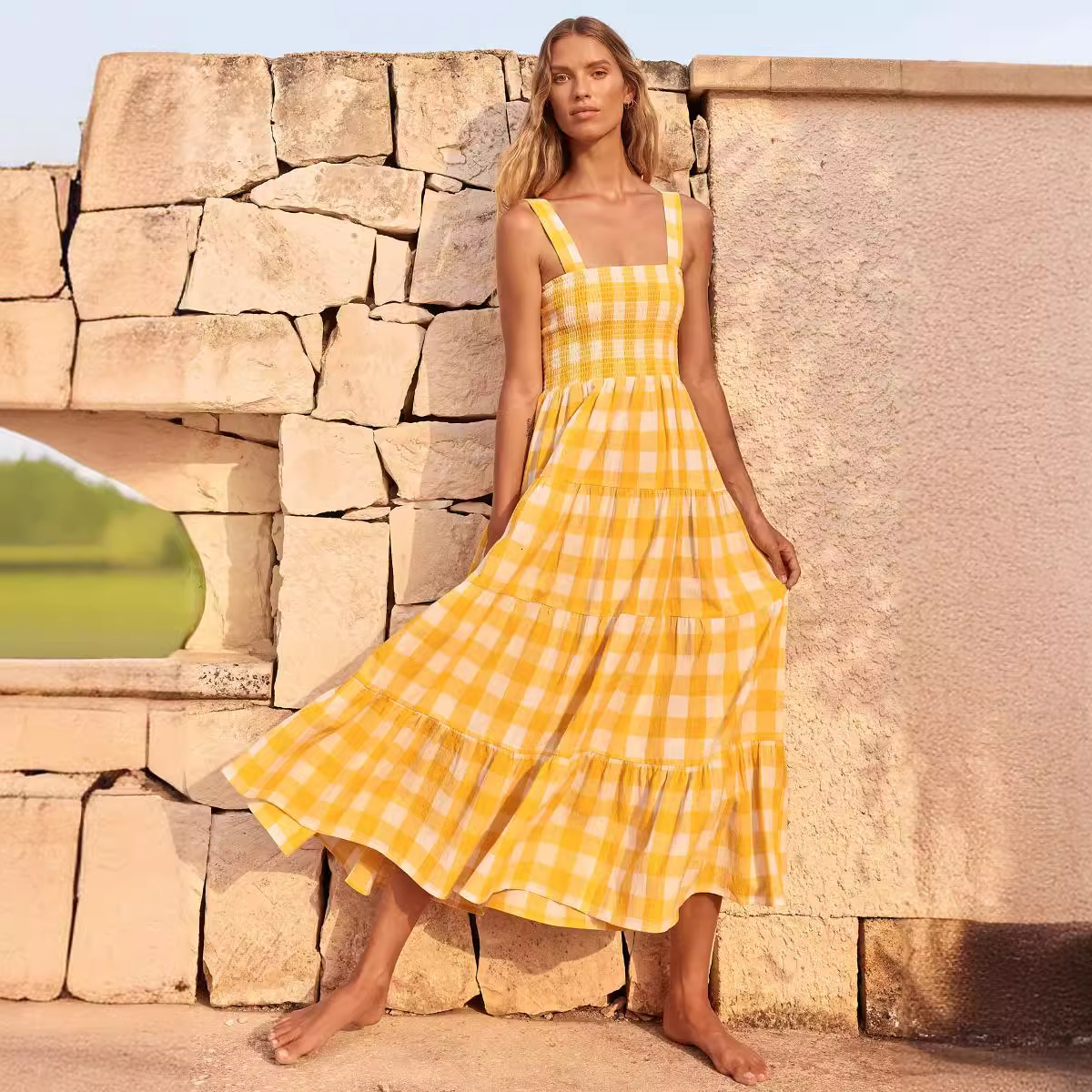 2023 Spring Summer New Womens Fashion Elegant Sexy Strap Backless Striped Dress French Style Dress