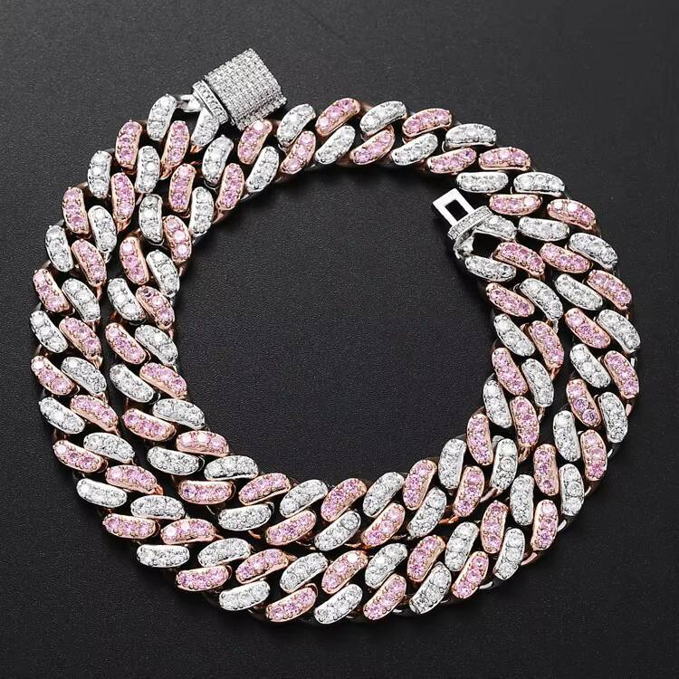 12mm 18k High Quality Hip Hop Men Diamond Chain Two Tone Pink Cuban Link Chain Necklace Jewelry