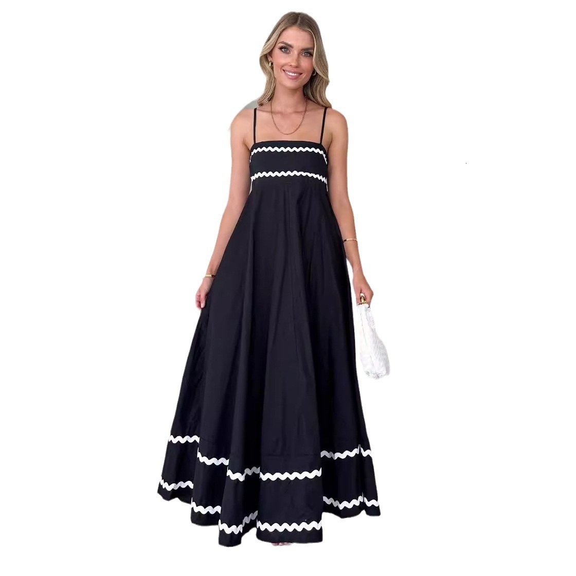 2024 Summer Strap Low Square Neck Layered Flowy Beach Vacation Party Long Dress